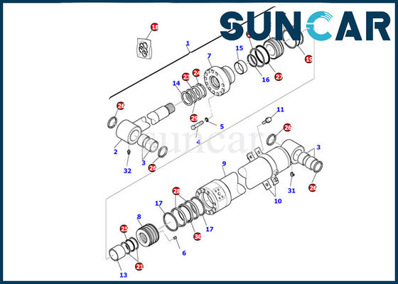 707-99-43300 বুম সিলিন্ডার পরিষেবা কিট Komatsu হাইড্রোলিক সিলিন্ডার সীল কিট PC95R-2 অভ্যন্তরীণ অংশ