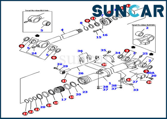 PC160LC-7 জলবাহী সীল Komatsu 707-99-37380 বালতি সিলিন্ডার সেবা কিট তৈলাক্তকরণ মডেল অংশ