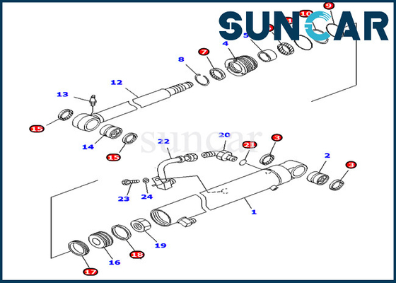 PC40MR-1 PC40MRX-1 PC40R-8 Komatsu মডেলের জন্য 707-98-25250 আর্ম সার্ভিস কিট হাইড্রোলিক সিলিন্ডার